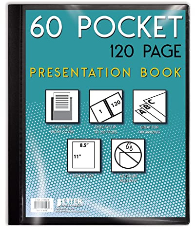 60 fickbunden svart presentationsbok, med klar sikt framtill, 120 arkskyddssidor, 21 x 28 cm ark, av Better Office Products, Art Portfolio, hållbara poly-fodral, brevstorlek