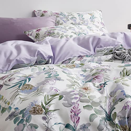 La Sheer Floral Garden Style Duvet Cover Set Watercolor Purple Bedding Set Smooth Soft Flowers Green Botanical Pattern 3 Pieces 1 Comforter Cover + 2 Pillow Shams(Full/Queen, No Comforter)