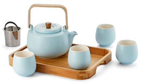 ChaCult | Beppo Tea Set | Set da Tè in Porcellana e Legno | Teiera con Manico Legno, 4 Coppe, Vassoio in Legno | Set da Tè Stile Giapponese