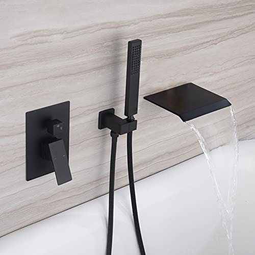Rubinetto Doccia Da Muro, Rubinetto Vasca A Parete A Cascata Con Doccetta, Miscelatore Vasca Da Bagno, Rubinetto Vasca Da Bagno Con Doccetta, Miscelatore Doccia Con Deviatore, In Ottone, Nero Opaco