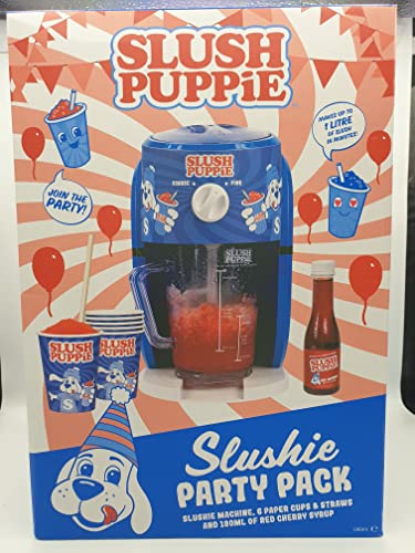 Slush Puppie Slushie Party Pack incluye máquina de granizado, 6 vasos de papel y popotes y 180 ml de jarabe de cereza roja