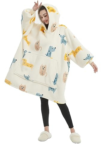 SASIGAYA Übergroße Hoodie Decke Damen Weich Flanell Kuscheldecke Flauschige Kapuzenpullover Oversized Pullover Sweatshirt Sherpa Gemütliche Warme Riesen-Hoodie Tragbar Ganzkörperdecke Beige-Gelb Hund