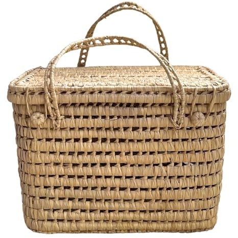 Homemaison Malle de rangement feuille de palmier - Coffre de rangement feuille de palmmier - 30 x 45 x 30 cm - Artisanat Marocain - Couleur Naturel