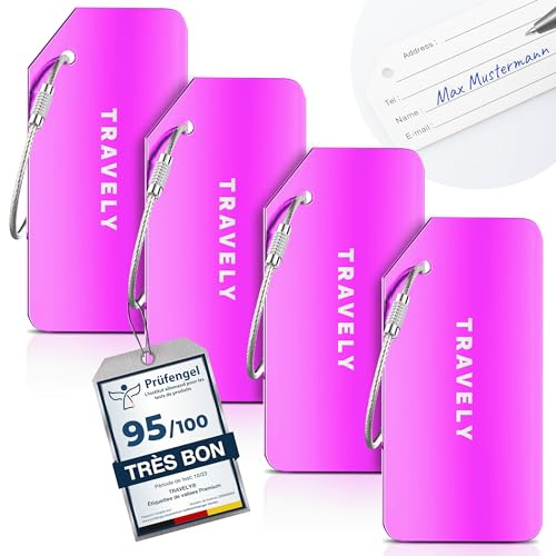 Travely Premium Kofferanhänger - leicht Erkennbar, Robust & Sicher - inkl. Namensschild und Privatsphäre Schutz I Vielseitig und Praktische Adressanhänger, Namensanhänger & Gepäckanhänger