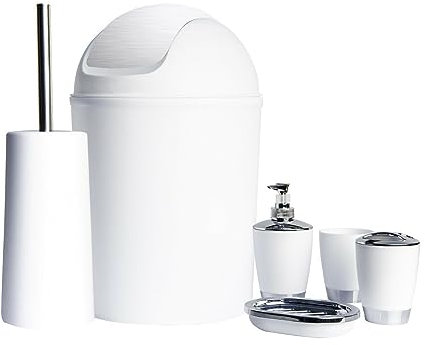 6pc Bathroom Accessories Set Bin Soap Dispenser Dish Toothbrush Tumbler Toilet Brush Holder Modern Vanity Organiser Kit For Home & Hotel (White)