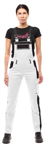 strongAnt Peto elástico de trabajo para mujer, pantalones de trabajo con bolsillos para rodilleras - power stretch - Blanco-Negro Costura Blanca 50