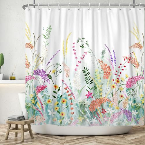 ASDCXZ Tenda da doccia con fiori 180x200 cm, primavera dipinta a mano rosso giallo lilla fiori colorati verde foglie bianco bagno lavabile tende da doccia in poliestere tessuto impermeabile tenda da