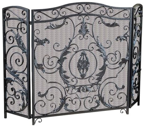 GTPBAO Funkenschutzgitter Große Feuerschutzgitter, 136×90cm, Robuster Kaminschutz Aus Schmiedeeisen für Holzbrenner/Flammenofen, 3-teiliger Zaun