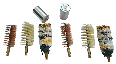 Waffenreinigung Pufferpatronen Kal 12 und Bürsten Laufreinigung Cal 12/70 Schrot Bronze Nylon Wolle (je 2 Stück). Komplett 8 Teile. Aussengewinde M5.