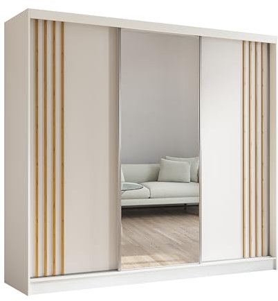 ALTDECOR Kleiderschrank mit Spiegel und Schiebetüren, kugelgelagerte Führungsschienen und Aluminium-Leisten - NALLA - 240 cm Weiß + Weiß + Artisan