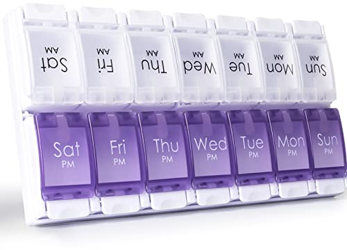 CSTDE Weekly Pill Box Organiser, Large Pill Organiser 2 Times a Day, Purple | Travel Tablet Medication Box with Push Button Design for Vitamin, Fish Oil, Supplements