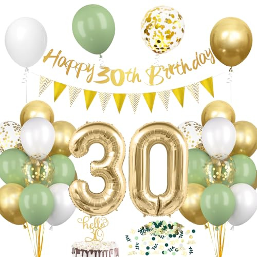 30. Geburtstag Deko: Salbeigrüne Tortendeko mit Luftballon und Girlande, Avocado Grüne Konfetti Ballon für Party