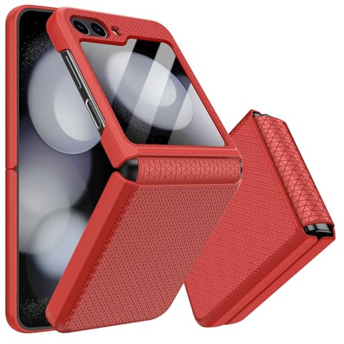 Giyer Samsung Galaxy Z Flip 6 Case Built-in Screen Protector, Heavy Duty Rugged Full Shockproof Hinge Protective Hard PC Stylish Texture Phone Cover for Samsung Z Flip 6 2024 (Red)
