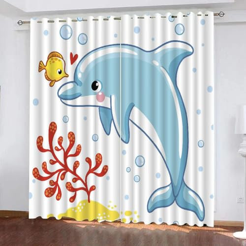 GIOVIA 3D Ozean Maritim Vorhänge Abdunkelnde mit ösen 2 Stücks Gardinen Blickdicht Verdunkelungs Delfin Kälteschutz Scheibengardinen für Junge Mädchen Schlafzimmer B 280 X H 260 cm