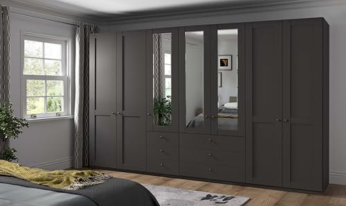 WIEMANN Drehtürenschrank mit 6 Schubkästen, mit 3 Spiegeltüren mittig, Landhausstil Kleiderschrank 350cm breit, Graphit, Höhe 216cm, Marlow