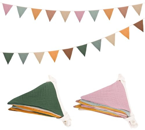 2 Stück Kinderzimmer Wimpelkette Stoff aus Bio-Baumwolle 2.6m Musselinstoff Girlande Girlande Kinderzimmer Deko zum Aufhängen für Hausbett Krippe & Kinderbett (Grün + Beige)
