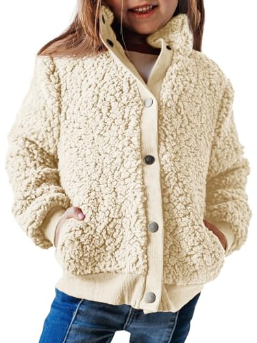 Haloumoning - Veste à manches longues en polaire sherpa teddy pour fille, veste chaude pour enfants avec poches et boutons, beige, 9-10 ans