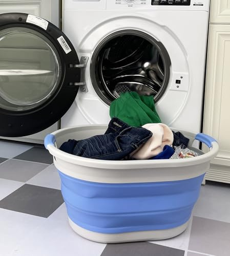 SAMMART Zusammenklappbarer ovaler Wäschekorb aus Kunststoff – Faltbarer Pop-Up-Aufbewahrungsbehälter/Organizer – Tragbare Waschwanne – Platzsparender Wäschekorb (Grau/Little Boy Blue, 32L)
