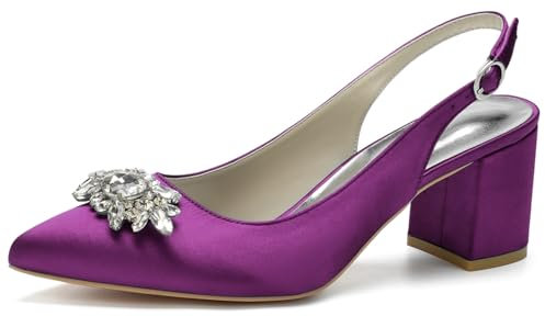 FQMAYPO Per Donna Matrimonio Tacchi a Spillo Punta Chiusa Punta Media Tacco a Blocco Classico Grosso Décolleté da Sposa Raso Strass Scarpe da Sera,Viola,39 EU