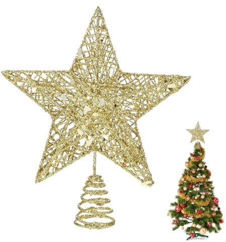 COMNICO Puntale per Albero di Natale con Stelline e Mini Stella Cava Dorata Glitterata - Decorazione a 5 Punte (20 cm)