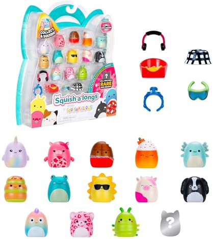 Squish-a-longs SQAL0031 – Confezione da 14 pezzi, contiene 14 x 2,5 cm Mini quish con 4 accessori, 1 x anello e 1 x guida per collezionisti (onda 3, stile 1) da collezionare, scambiare e giocare