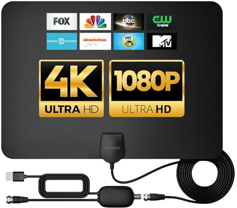 GEARit High-Gain Flat Indoor Long Range HDTV Antenna for Local Channels - Supports 4K 1080P - OTA Digital Antenna w/Omni-Direction Signal Reception - 9.8ft Coax Cable - Black