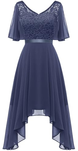 Berylove, abito corto elegante da donna, scollatura a V, asimmetrico, orlo svolazzante, abito da cocktail, con fessura, a maniche lunghe, in pizzo, Blu, M