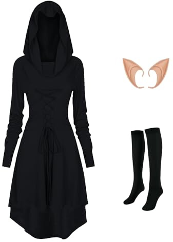 MVFEUIJ Vestido gótico para mujer, ropa medieval, vestido retro con capucha, medias y pendientes a juego, vestido renacentista para Halloween (negro, 4XL)