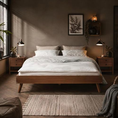 Lit futon KARRI double pour adulte, 140 x 200 cm, 2 places, en bois massif coloris châtaignier, robuste idéal pour futon ou matelas 140 x 200 cm avec barre centrale et 4 pieds coniques de soutien