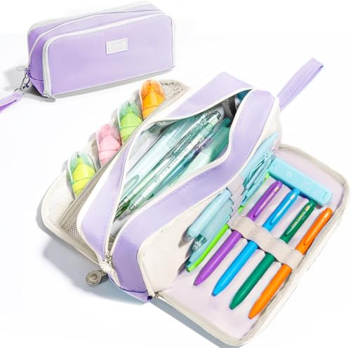 Four Candies Federmäppchen Federmappe Mäppchen Etui Stifte 3 Fach, Lila | Große Kapazität Pencil Case Großes Federtaschen Tasche Halter Schreibwaren Zippered Desk Organizer für Mädchen Jungen, Frauen