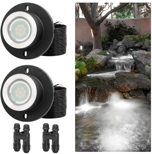 HIBOITEC Pond Lights 3W LED IP68 Waterproof Underwater Lights with UL Cord Warm White 4000K Low Voltage Landscape Lighting for Fountain Pool Compatible 12-24V AC/DC 2Pack