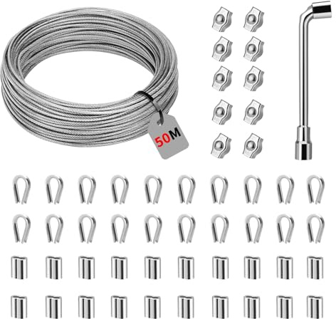 50M Drahtseil Edelstahl Set, 2mm Stahlseil mit Drahtseil Kauschen, Aluminium Crimpschlaufen, Drahtseilklemmen, Spanndraht PVC-ummantelt für Kletterpflanzen, Zäune, String Light Suspension, Wäscheleine