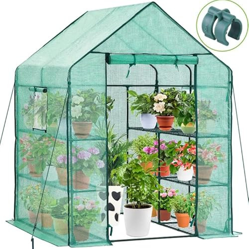 Walk-in Greenhouse with Shelves, 143x143x195 cm, Removable Green Cover, Garden Growing House