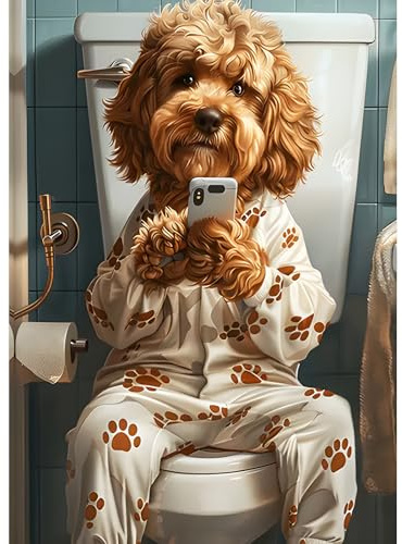 DPHERO DIY Hund Schaut aufs Telefon Diamant Painting Kits Bilder für Erwachsene Anfänger,5D Toilette Diamond Painting Set,DIY Runde Steine Diamant Kunst Kits, Diamant Art für Zuhause Dekor 30x40 cm