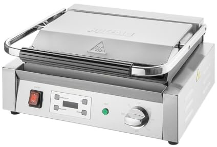 Buffalo Extra Large Single Contact Grill with Flat Plates | Heavy-duty cast iron plates cook both sides of food at once, cutting service wait times in busy commercial kitchens.