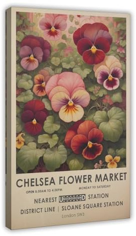 Chelsea Flower Market Print, William Morris Print, Vintage Red Floral Print, Pansies Botanical Print, Red Botanical Wall Art, Gift Canvas Poster Bedroom Decor Landscape Office Room Decor Gift 12x18inc