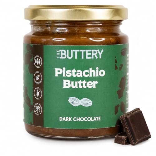 THE BUTTERY Crema de Pistacho con Chocolate Negro 220g – Pistachio Butter con Cacao 70% | Mantequilla de Pistacho con Chocolate Negro | Sabor Intenso y Cremoso | Sin Aceite de Palma | Producto Vegano