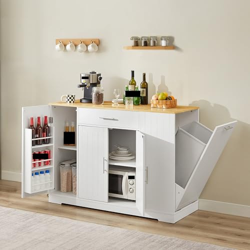 Grande isola da cucina da 134,6 cm con contenitore per bidone della spazzatura, cassetto e ripiani regolabili, armadietto da bar per la colazione per bidone da 13 galloni, mobili da cucina eleganti e