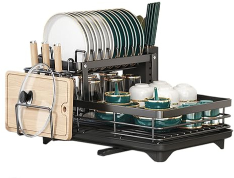 Escurridor de vajilla extensible de acero inoxidable escurreplatos para cocina con soporte y boquilla de goteo giratoria, instalación sin herramientas (doble capa con accesorios negro)
