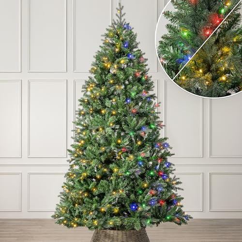 Christow Pre-Lit Fraser Fir Christmas Tree, Dual-Colour LED Lights, 8ft | Warm White to Multi-Colour LEDs, 11 Light Modes – Colour Changing, PE & PVC Tips, Hinged Branches, Mains Powered with Timer