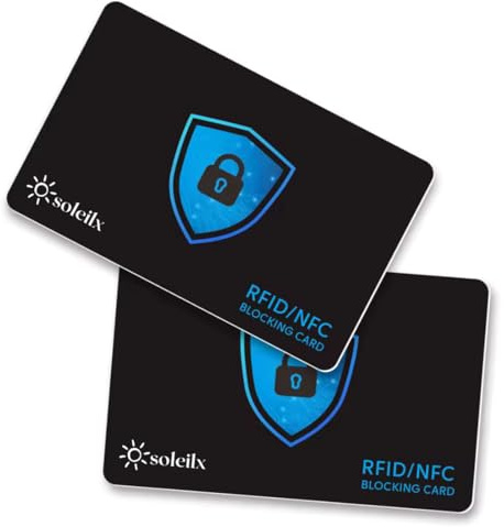 soleilx Carte di Blocco RFID/NFC – 2 Pezzi Schermatura Contactless per Carte di Credito, Bancomat, Passaporto e Documenti d’Identità – Protezione Portafoglio contro lettura non autorizzata (nero/blu)
