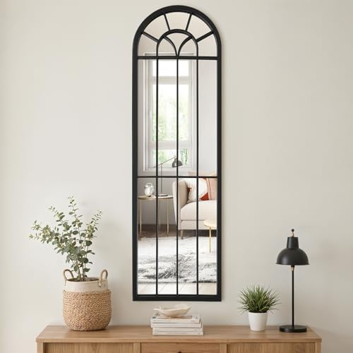 Warmiehomy Arched Window Mirror Garden Outdoor Wall Mirror with Metal Frame for Courtyard,Living Room,Hallway Decor(30x100cm, Black-2)