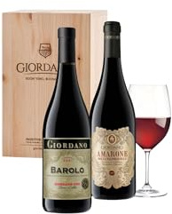 GIORDANO Box Vini Rossi Degustazione con Barolo DOCG 2021 e Amarone della Valpolicella DOCG 2021, Confezione da 2 Bottiglie di Vini Rossi Pregiati Italiani