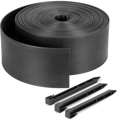 Velway Borde de Jardín de Plástico Flexible Longitud 20 m, Altura 13 cm, con 40 Clavijas, Delimitador para Césped, Parterres y Caminos, Fácil de Instalar para Exterior, Negro