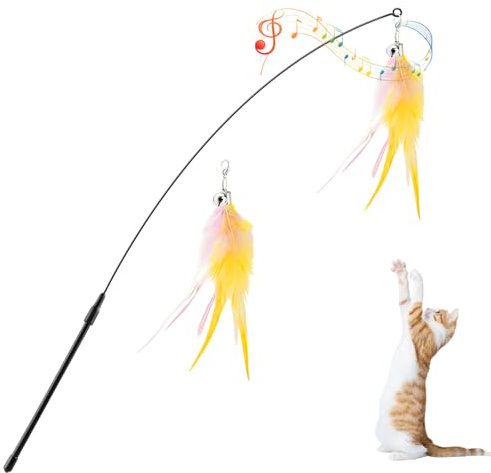 Pawaboo Katzenspielzeug Interaktives Katzenangel Katze Spielzeug Katzen | Spielstab Katzenspielzeug-Stab mit 2 Stück Federn und 88cm Stab und Glocken für Kätzchen oder Katze, Rosa+Weiß+Gelb