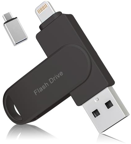 Pendrive 64 GB para iPhone, MFi Certificado por Apple,Xaytrre Memoria USB C,Pen Drive 3.0,Flash Drive Lightning,Memory Stick 3 en 1 para iPhone,OTG Android,Mac,Pc,Negro Claro