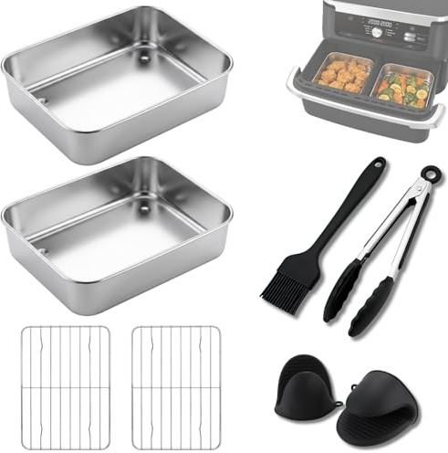 8-delars Airfryer-tillbehörsset kompatibelt med Ninja Dual Zone & FlexDrawer AF400/451/500EU, DZ400EU - 2x rostfria 304 ugnsformer, 2x grillgaller, oljepensel, tång & värmehandske, diskmaskinställt