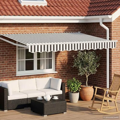 Runheo Tenda da sole manuale con braccio articolato, 3,5 x 2,5 m, con LED a energia solare, impermeabile, protezione solare per giardino, balcone, terrazza, robusta struttura in alluminio e acciaio