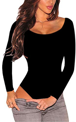 SEBOWEL Damen Body Langarm Rundhals aus Baumwolle Bodysuit Tops Unterhemd Langarmbody für Frauen (S, Schwarz)