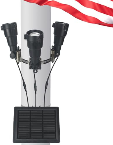 Etzeaxus Flag Pole Light Solar Powered, 3 Super-Spotlights PC Crystal LED, IP65 Waterproof Flagpole Light Solar Powered Fits 2-3.5''Flag Poles, 360 Degrees of Flag Illumination Flag Ground House